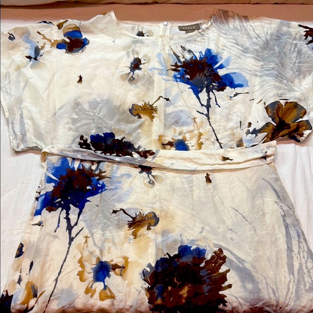 Kenar Boho Chic Cream & Blue Abstract Floral Short Sleeve Belted Blouse Top‎